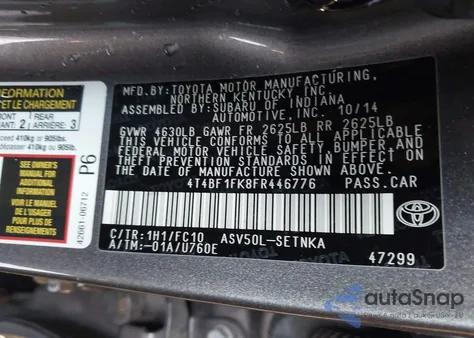 2015 Toyota Camry Le z USA, uszkodzony, nr VIN 4T4BF1FK8FR446776